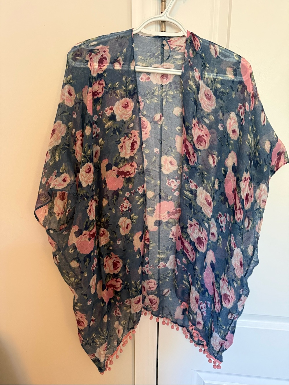 Floral Sheer Kimono Cover-Up in Blue and Pink